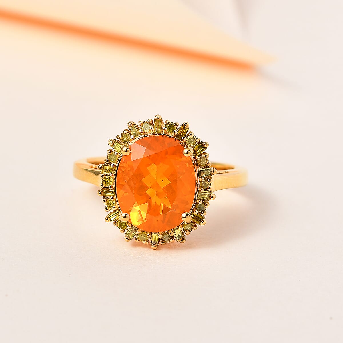Premium Brazilian Fire Opal, Yellow Diamond (IR) (0.30 cts) Halo Ring in Vermeil YG Over Sterling Silver (Size 10.0) 2.70 ctw image number 1
