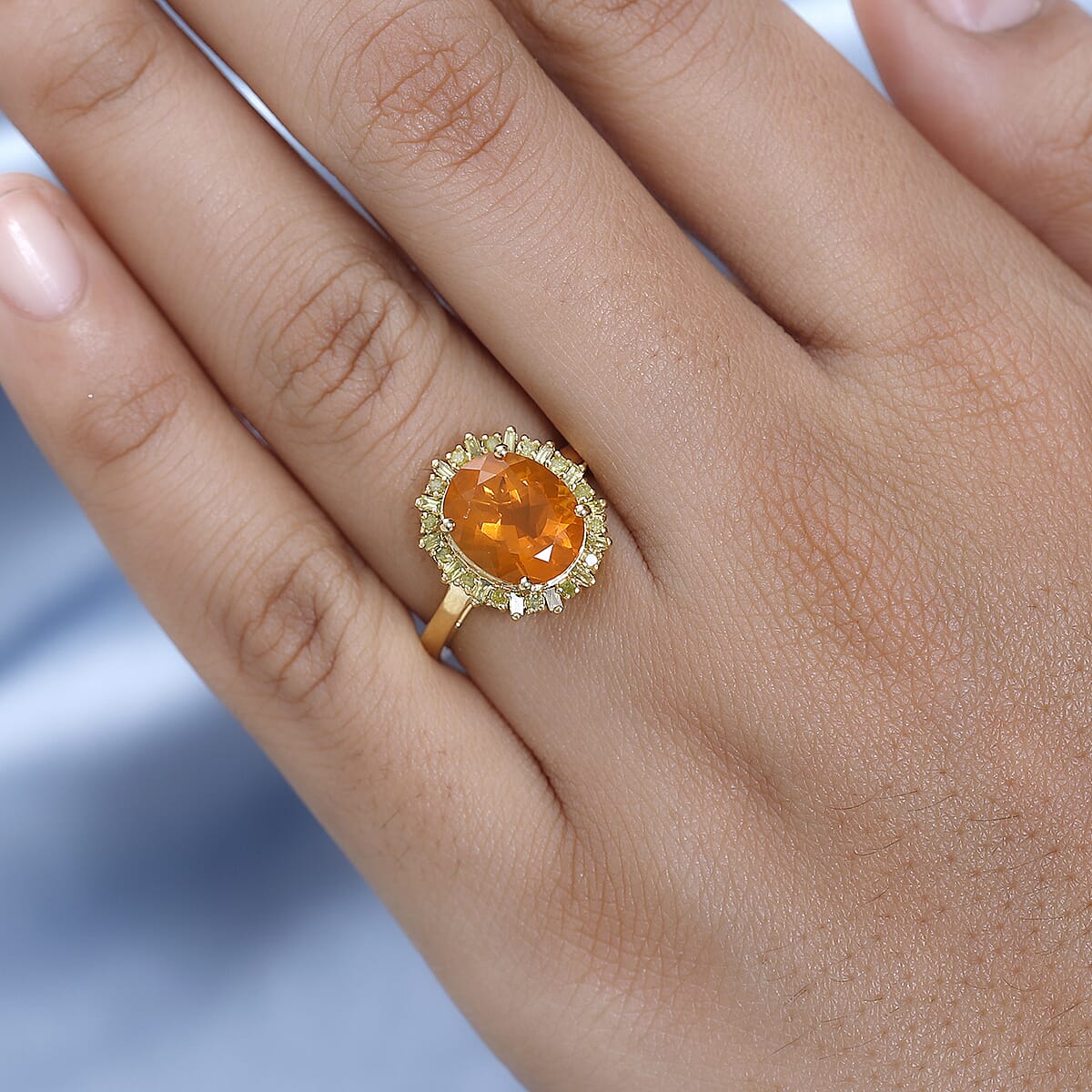 Premium Brazilian Fire Opal, Yellow Diamond (IR) (0.30 cts) Halo Ring in Vermeil YG Over Sterling Silver (Size 10.0) 2.70 ctw image number 2