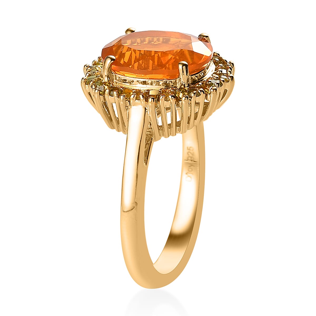 Premium Brazilian Fire Opal, Yellow Diamond (IR) (0.30 cts) Halo Ring in Vermeil YG Over Sterling Silver (Size 10.0) 2.70 ctw image number 3