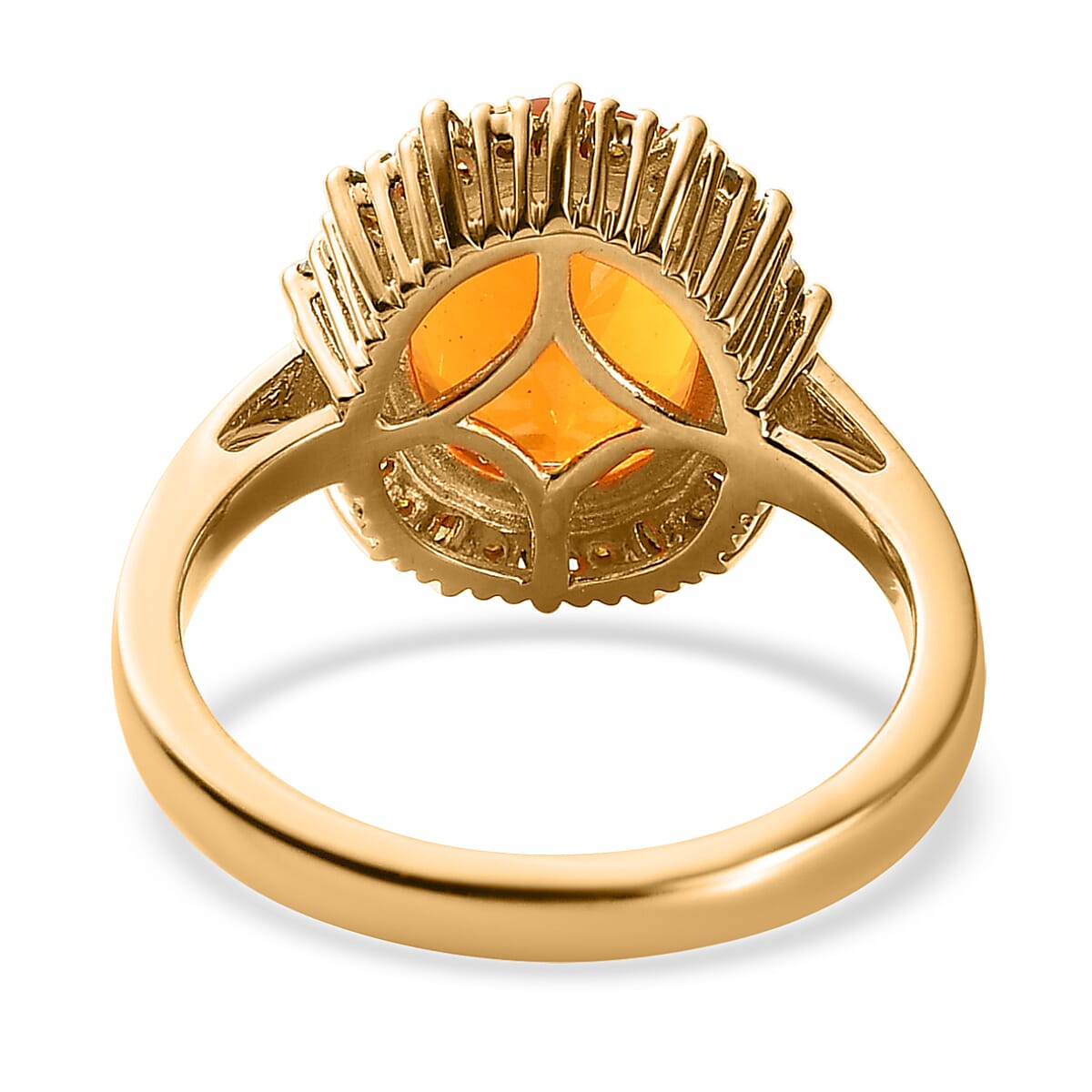 Premium Brazilian Fire Opal, Yellow Diamond (IR) (0.30 cts) Halo Ring in Vermeil YG Over Sterling Silver (Size 10.0) 2.70 ctw image number 4