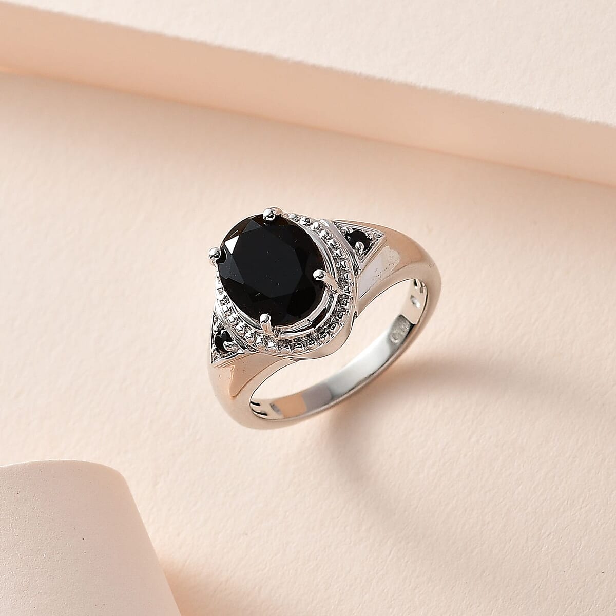 Black Tourmaline and Thai Black Spinel Ring in Platinum Over Copper (Size 8.0) 3.10 ctw image number 1