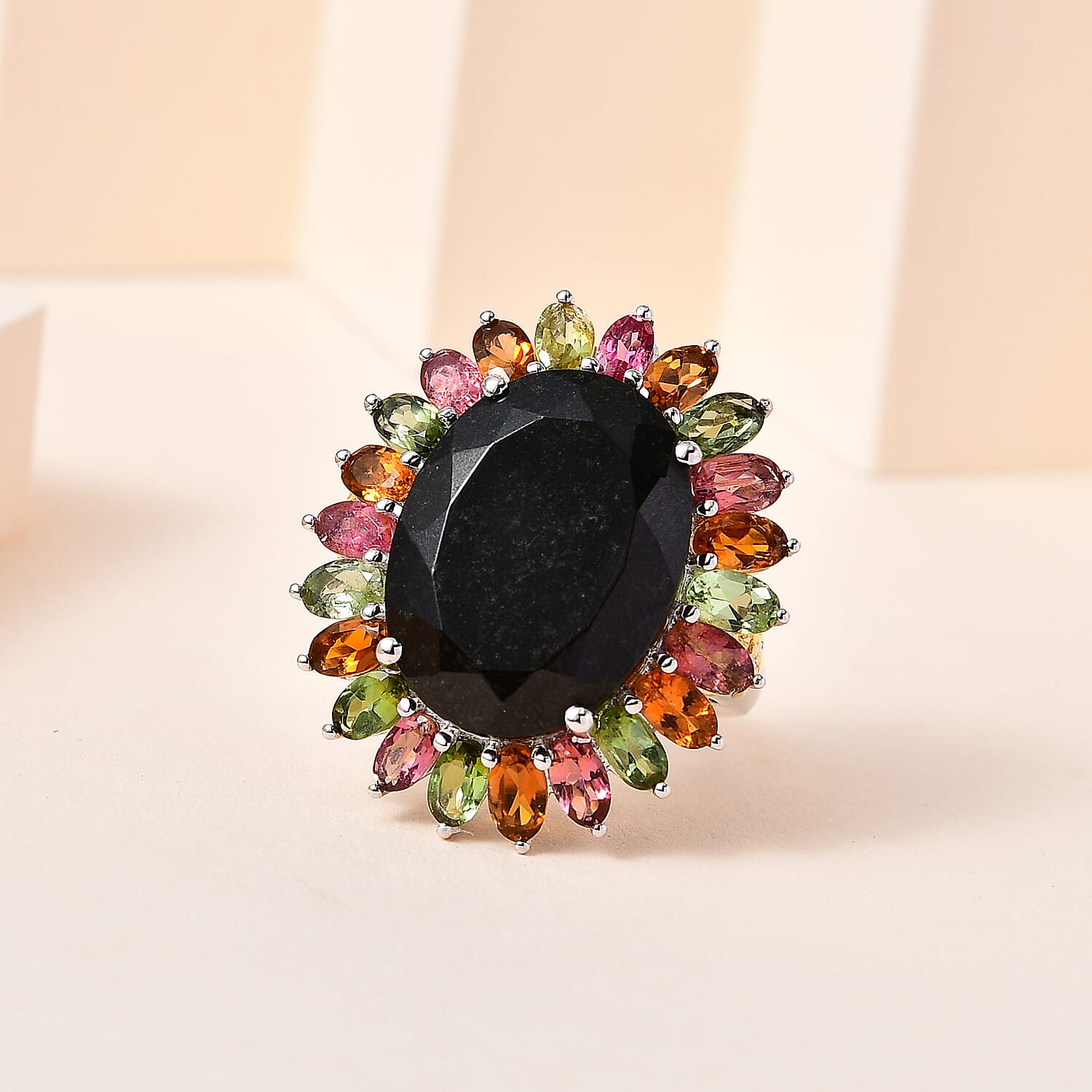 Black Tourmaline and Multi-Tourmaline Floral Ring in Vermeil YG and Platinum Over Sterling Silver (Size 10.0) 22.65 ctw