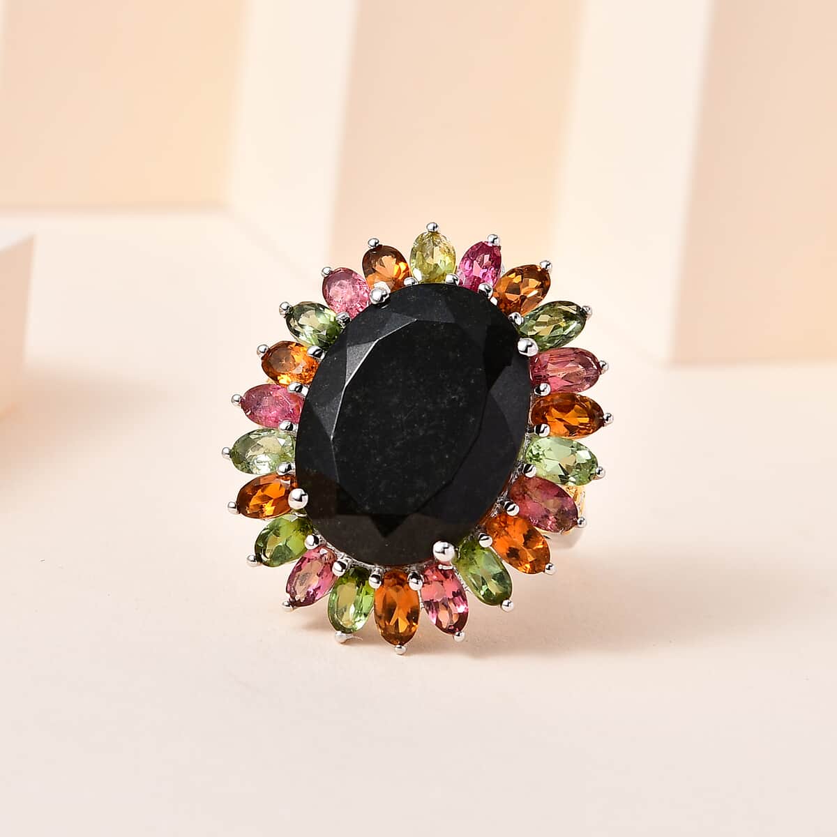 Australian Black Tourmaline, Multi-Tourmaline Ring in Platinum Over Sterling Silver (Size 10.0) 22.65 ctw image number 1