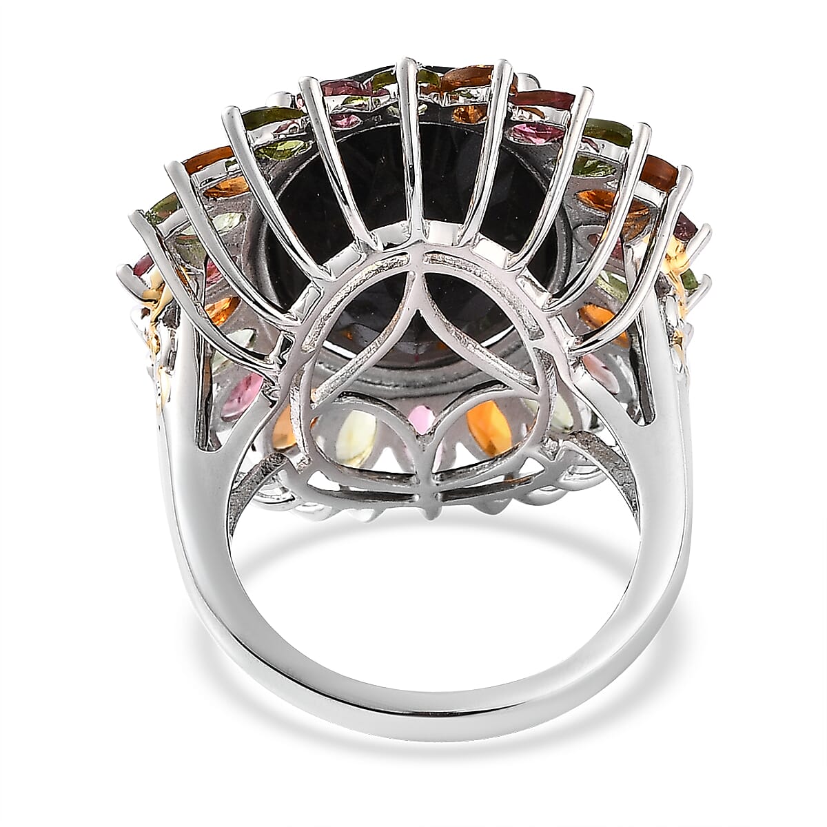 Black Tourmaline and Multi-Tourmaline Floral Ring in Vermeil YG and Platinum Over Sterling Silver (Size 10.0) 22.65 ctw