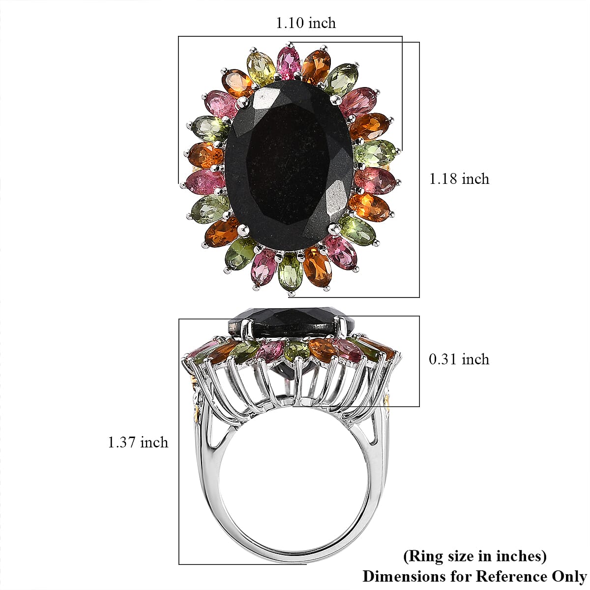 Black Tourmaline and Multi-Tourmaline Floral Ring in Vermeil YG and Platinum Over Sterling Silver (Size 10.0) 22.65 ctw