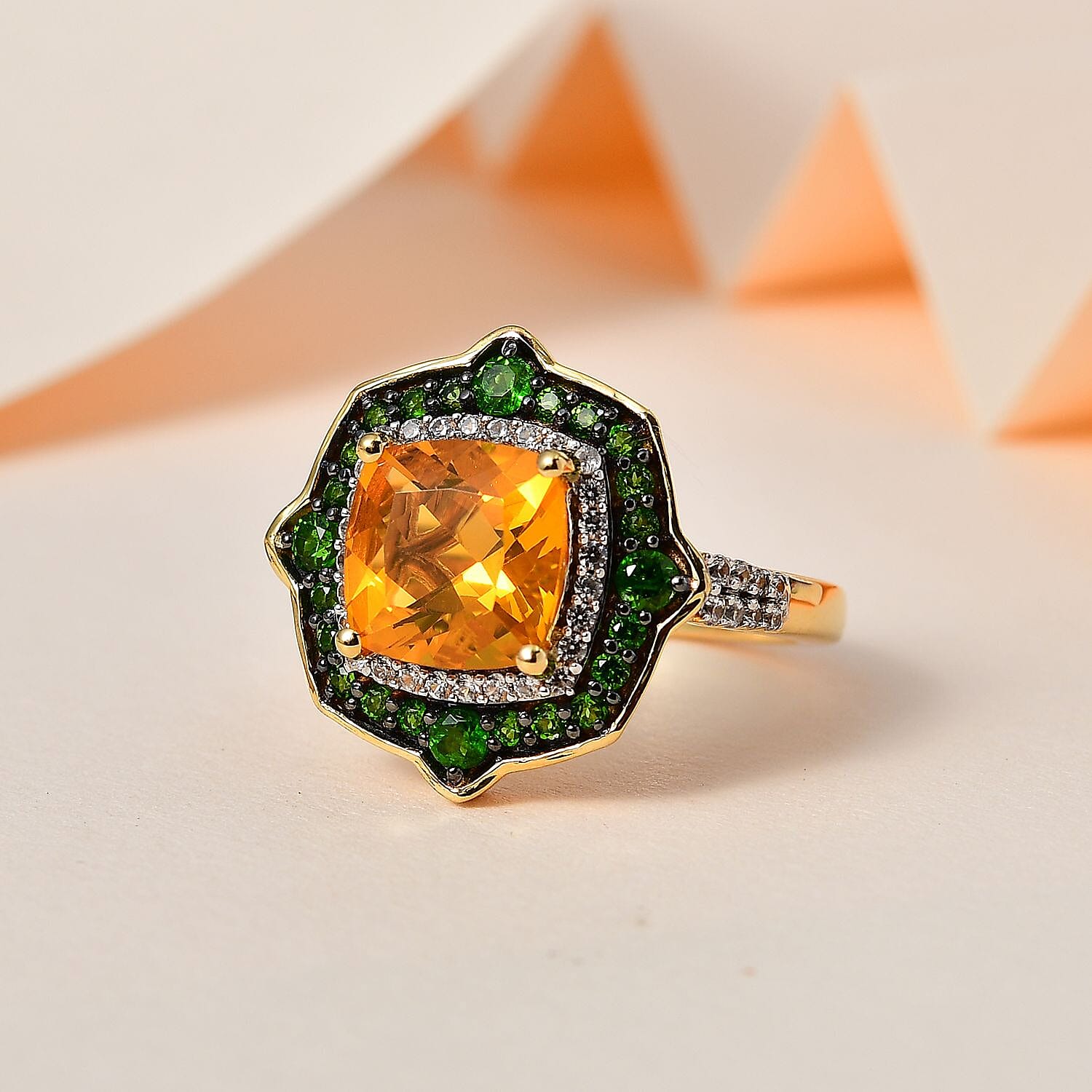 Premium BURITI Fire Opal and Multi Gemstone Double Halo Ring in Vermeil Yellow Gold Over Sterling Silver (Size 10.0) 3.35 ctw