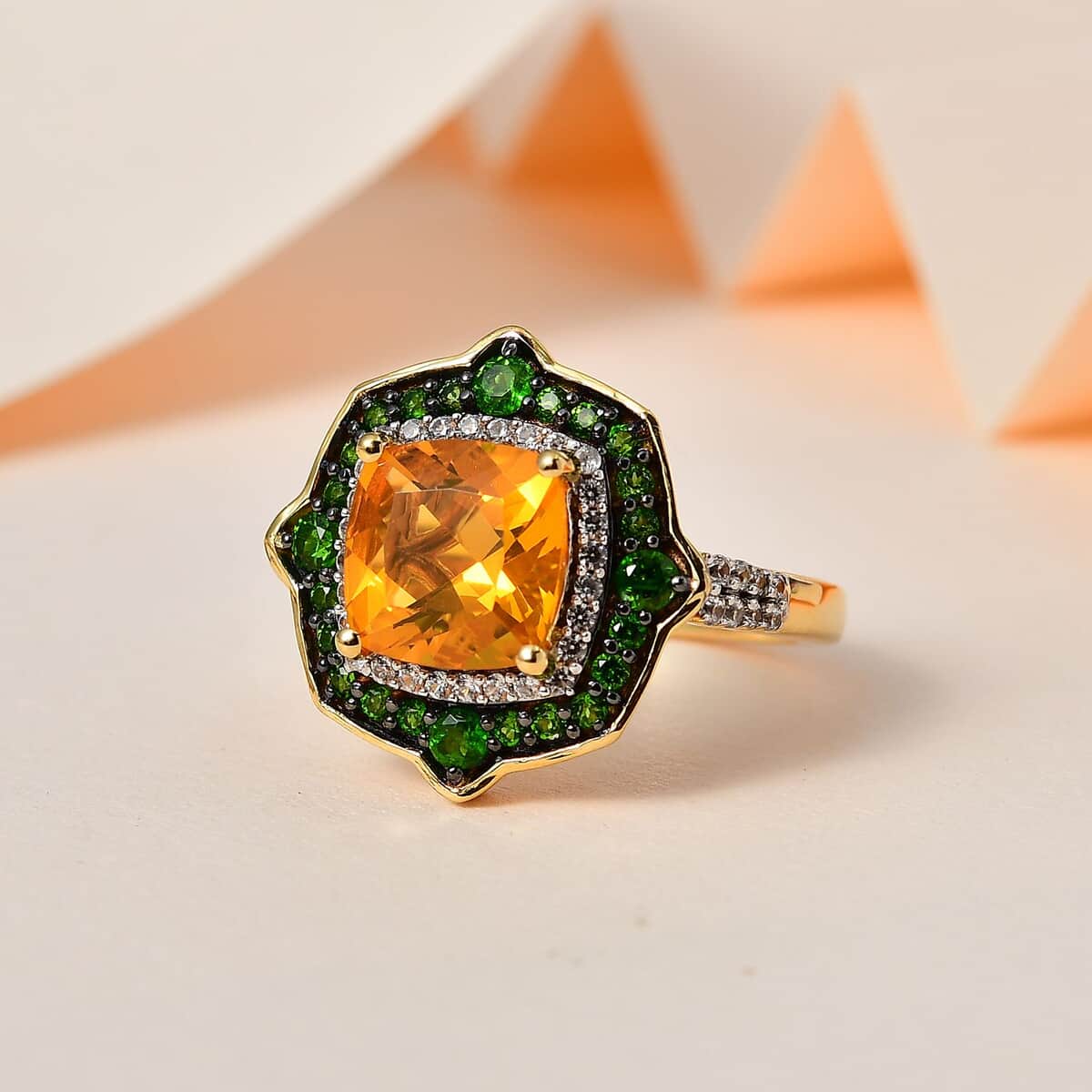 Premium Brazilian Fire Opal and Multi Gemstone Double Halo Ring in Vermeil Yellow Gold Over Sterling Silver 3.35 ctw image number 1