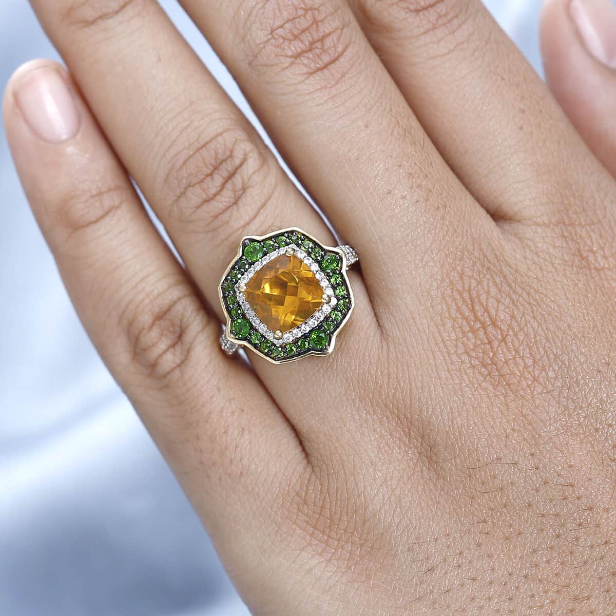 Premium Brazilian Fire Opal and Multi Gemstone Double Halo Ring in Vermeil Yellow Gold Over Sterling Silver 3.35 ctw image number 2