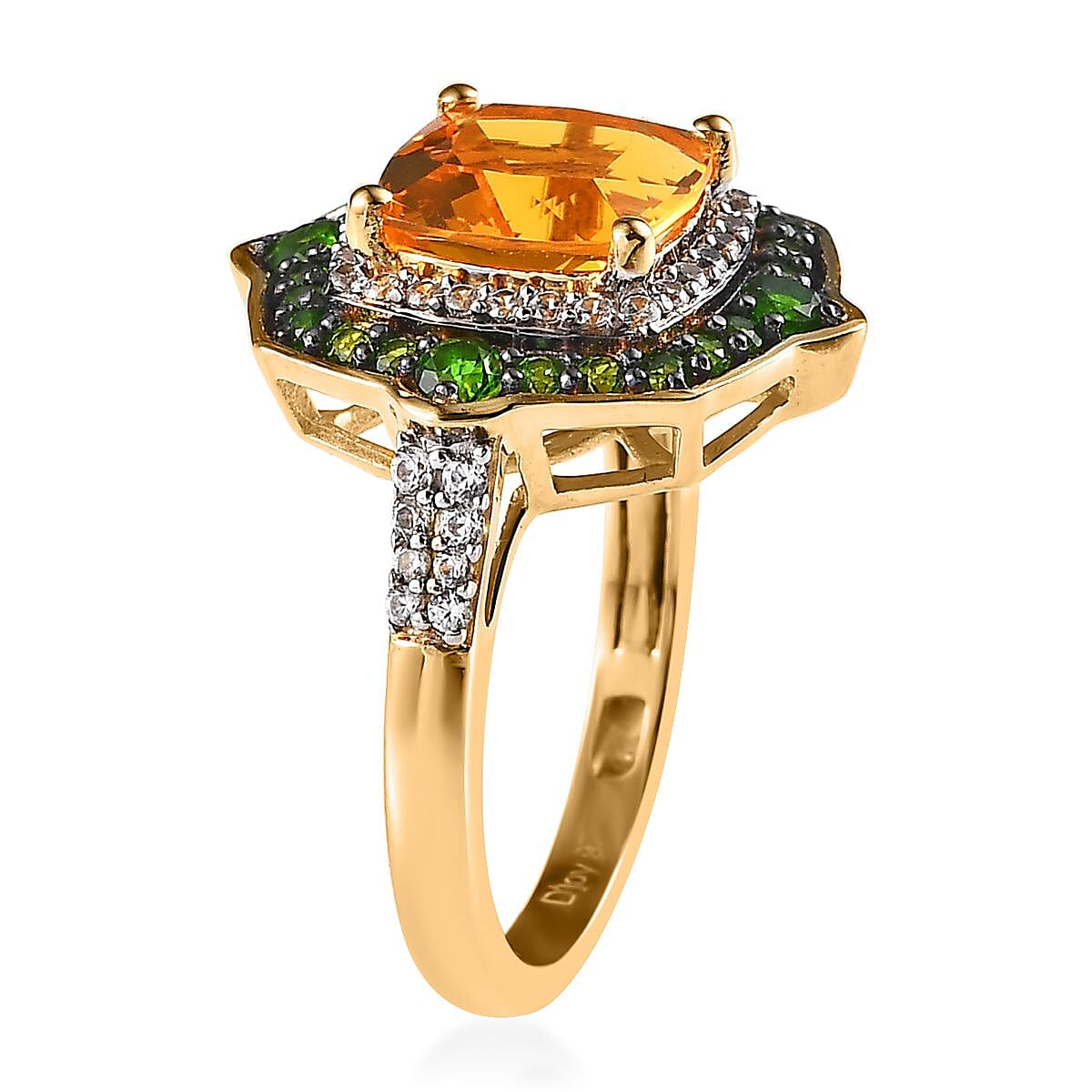 Premium BURITI Fire Opal and Multi Gemstone Double Halo Ring in Vermeil Yellow Gold Over Sterling Silver (Size 10.0) 3.35 ctw