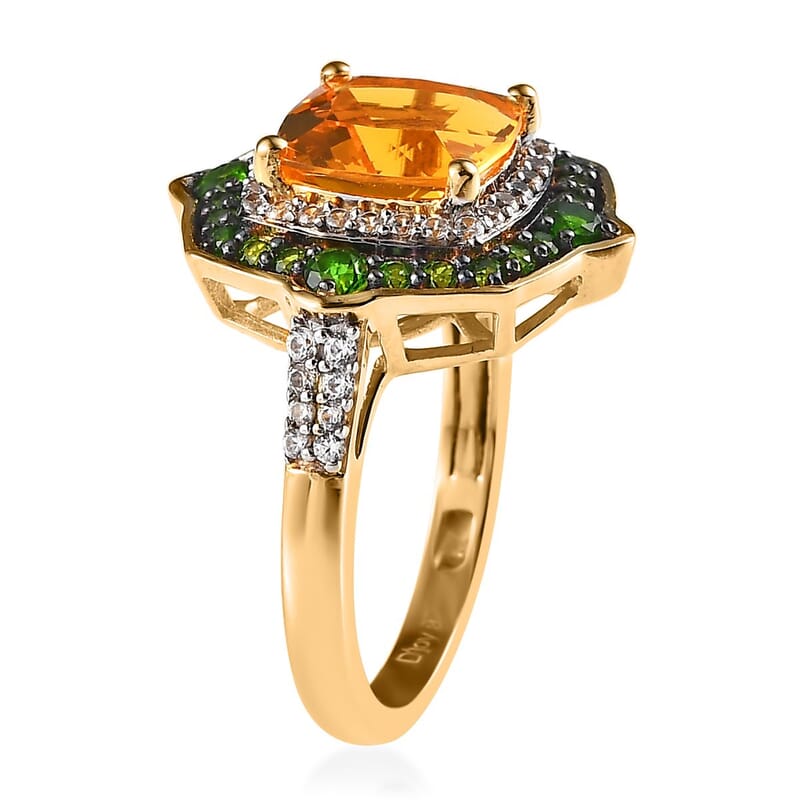 Premium BURITI Fire Opal and Multi Gemstone Double Halo Ring in Vermeil Yellow Gold Over Sterling Silver (Size 10.0) 3.35 ctw
