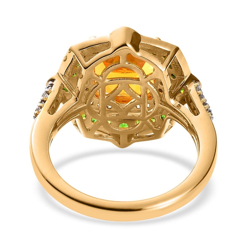 Premium BURITI Fire Opal and Multi Gemstone Double Halo Ring in Vermeil Yellow Gold Over Sterling Silver (Size 10.0) 3.35 ctw