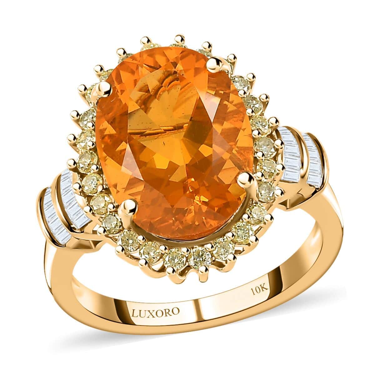 Luxoro 10K Yellow Gold Premium Brazilian Fire Opal, Natural Yellow and White Diamond I3 Halo Ring (Size 10.0) 4.05 Grams 4.65 ctw image number 0