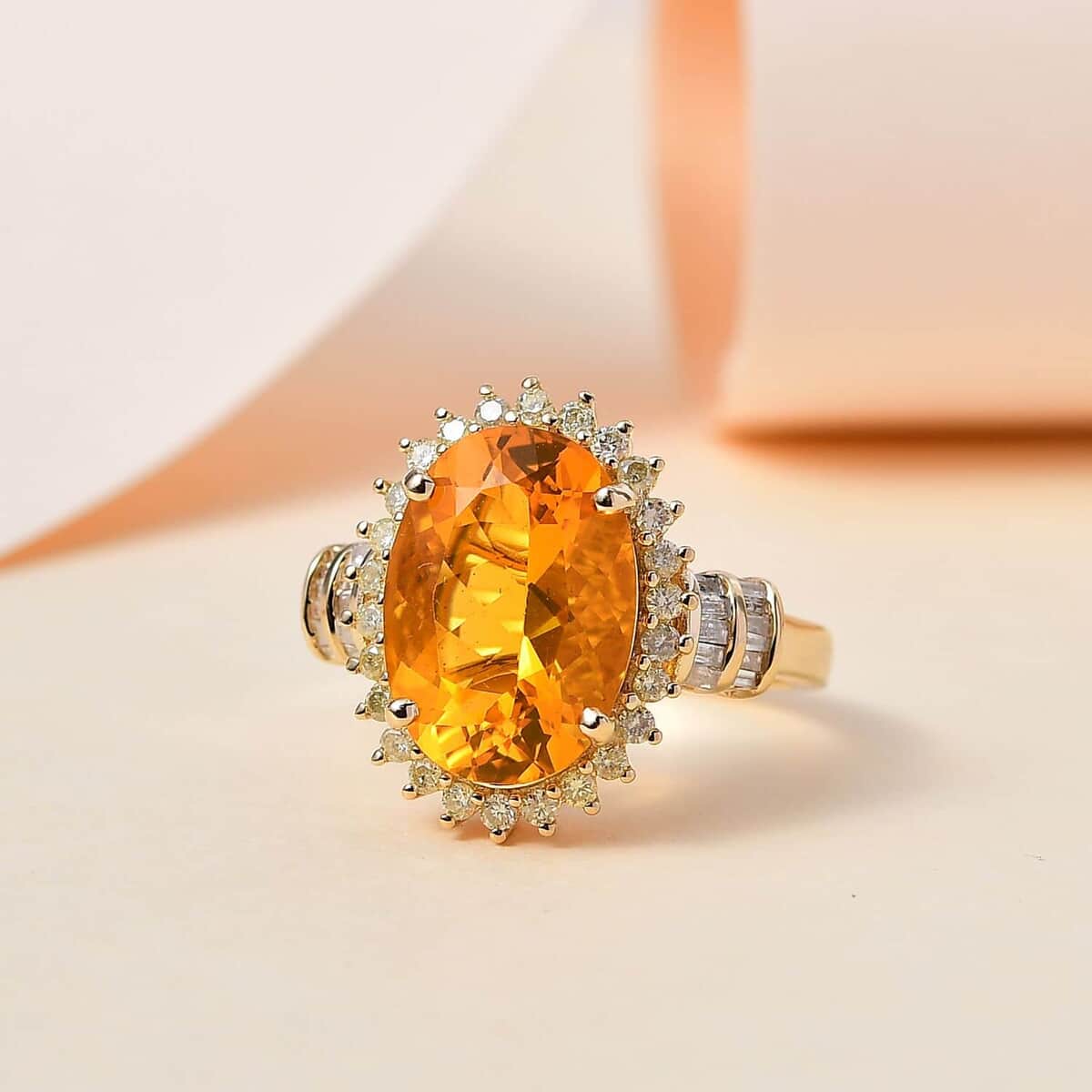 Luxoro 10K Yellow Gold Premium BURITI Fire Opal, Natural Yellow and White Diamond I3 Halo Ring (Size 10.0) 4.05 Grams 4.65 ctw image number 1