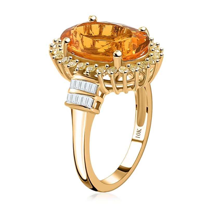 Luxoro 10K Yellow Gold Premium BURITI Fire Opal, Natural Yellow and White Diamond I3 Halo Ring (Size 10.0) 4.05 Grams 4.65 ctw