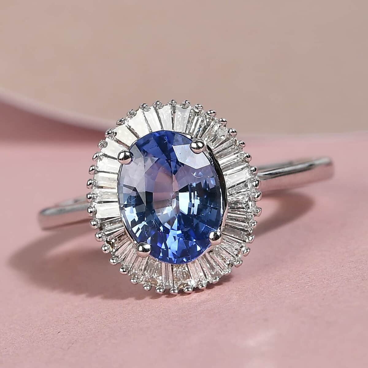 Iliana AAA Royal Ceylon Sapphire and G-H SI Diamond 1.75 ctw Halo Ring in 18K White Gold (Size 5.5) image number 1