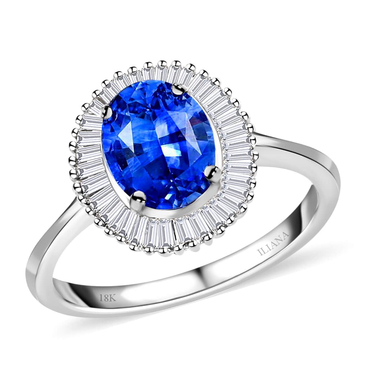 Iliana AAA Royal Ceylon Sapphire and G-H SI Diamond 1.75 ctw Halo Ring in 18K White Gold (Size 7.5) image number 0