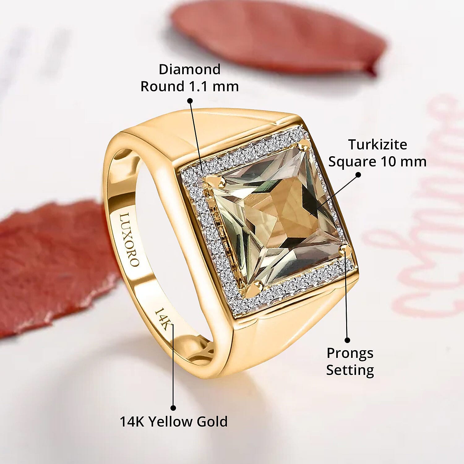 Luxoro 14K Yellow Gold AAA Turkizite and G-H I3 Diamond Men's Ring (Size 10.0) 8.50 Grams 4.30 ctw