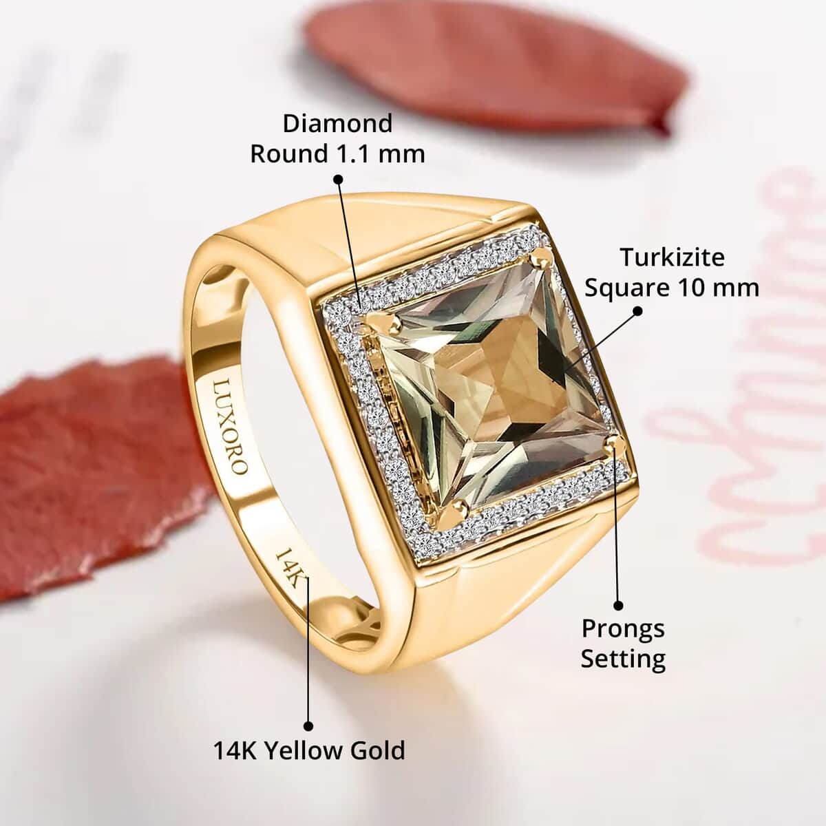 Luxoro 14K Yellow Gold AAA Turkizite and G-H I3 Diamond Men's Ring (Size 10.0) 8.50 Grams 4.30 ctw image number 4