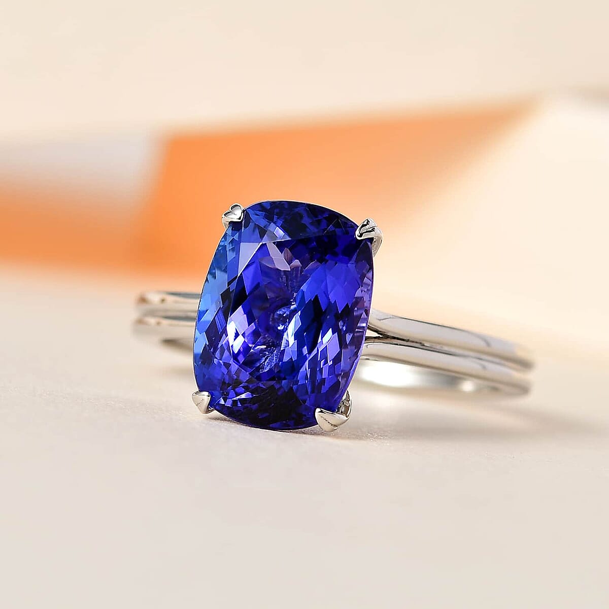 Certified & Appraised Rhapsody 950 Platinum AAAA Tanzanite and E-F VS2 Diamond Solitaire Ring (Size 6.5) 5.25 Grams 5.30 ctw image number 1