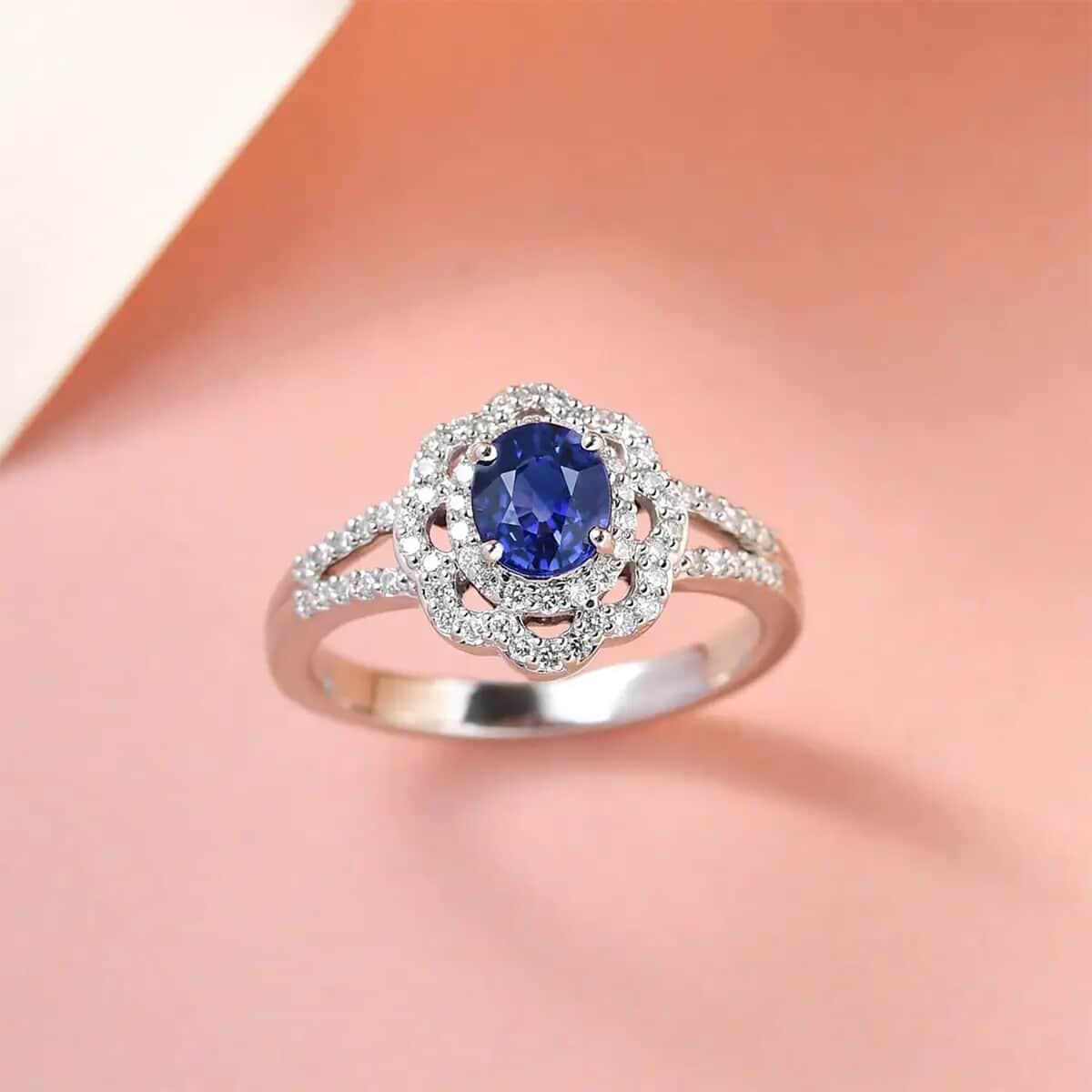 Rhapsody 950 Platinum AAAA Tanzanian Color Change Sapphire and E-F VS Diamond Split Shank Floral Ring (Size 6.5) 5.35 Grams 1.15 ctw with Free UV Torch image number 1