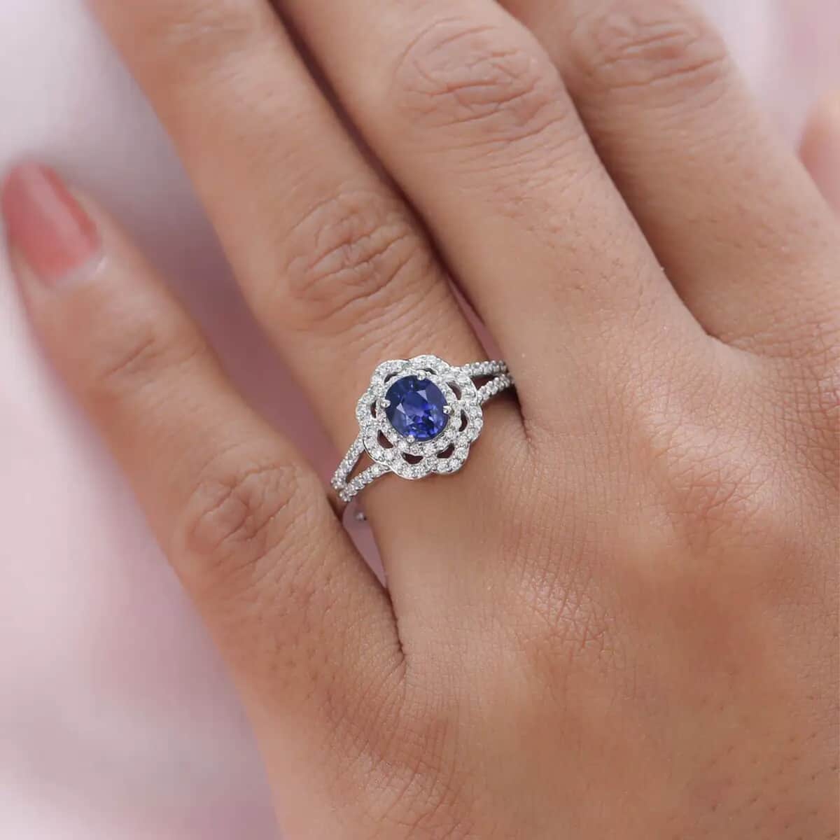 Rhapsody 950 Platinum AAAA Tanzanian Color Change Sapphire and E-F VS Diamond Split Shank Floral Ring (Size 7.5) 5.35 Grams 1.15 ctw with Free UV Torch image number 2