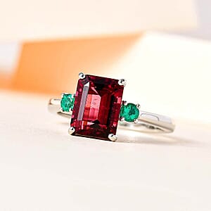 Certified Rhapsody AAAA Ouro Fino Rubellite, AAAA Boyaca Colombian Emerald Ring in 950 Platinum 2.50 ctw (Size 10.0)