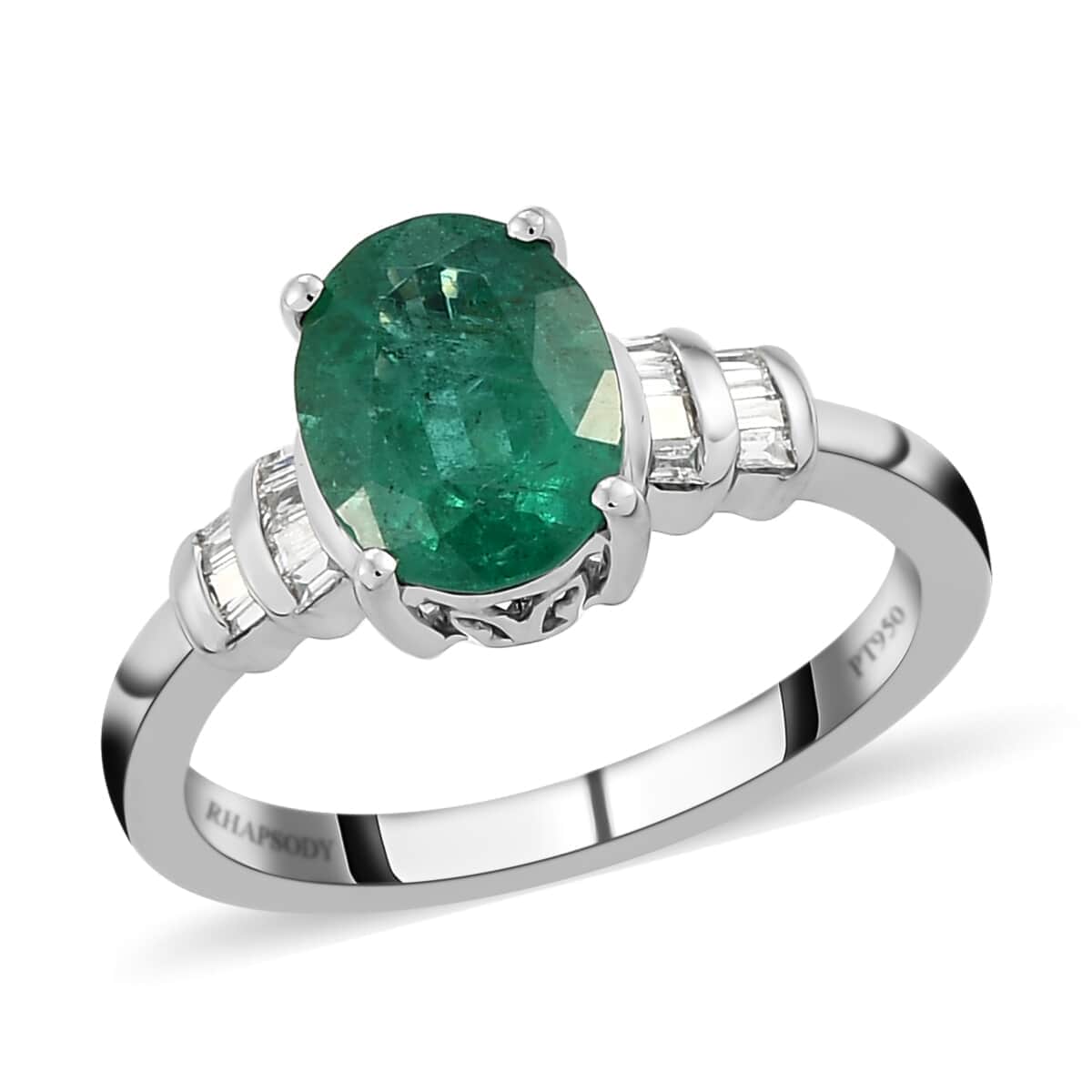 Certified Rhapsody 950 Platinum AAAA Kagem Zambian Emerald and E-F VS Diamond Ring (Size 7.5) 5.50 Grams 1.90 ctw image number 0