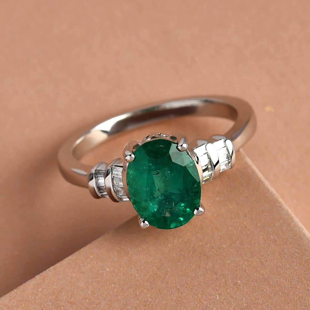 Certified Rhapsody 950 Platinum AAAA Kagem Zambian Emerald and E-F VS Diamond Ring (Size 7.5) 5.50 Grams 1.90 ctw image number 1