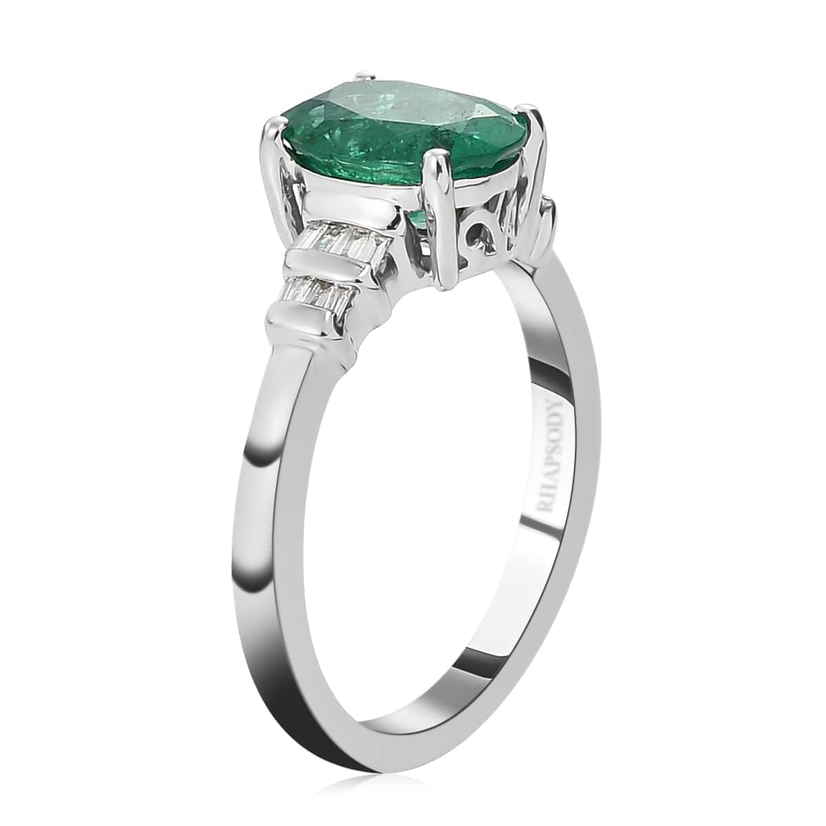Certified Rhapsody 950 Platinum AAAA Kagem Zambian Emerald and E-F VS Diamond Ring (Size 9.5) 5.50 Grams 1.90 ctw image number 3