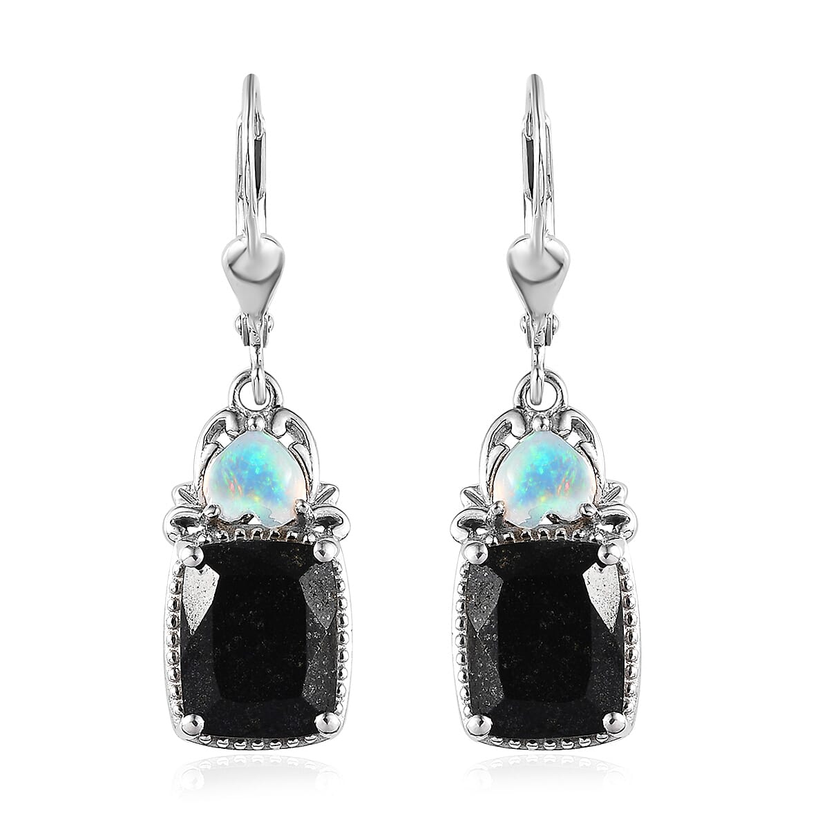 Black Tourmaline and Ethiopian Welo Opal Lever Back Earrings in Platinum Over Sterling Silver 7.60 ctw
