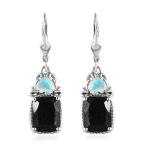 Black Tourmaline and Ethiopian Welo Opal Lever Back Earrings in Platinum Over Sterling Silver 7.60 ctw