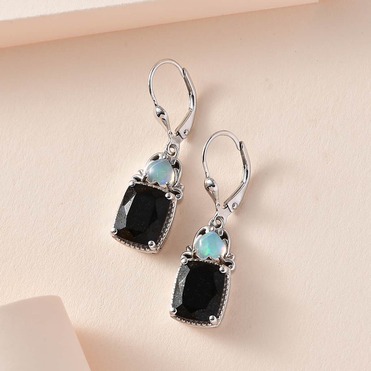 Black Tourmaline and Ethiopian Welo Opal Lever Back Earrings in Platinum Over Sterling Silver 7.60 ctw image number 1