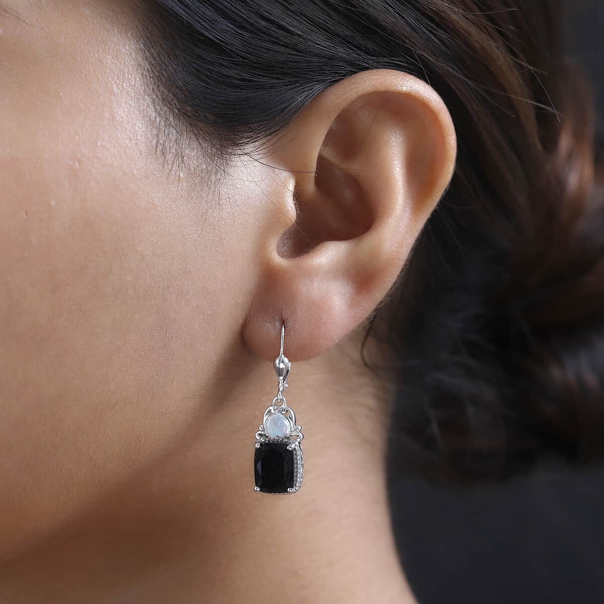 Black Tourmaline and Ethiopian Welo Opal Lever Back Earrings in Platinum Over Sterling Silver 7.60 ctw image number 2