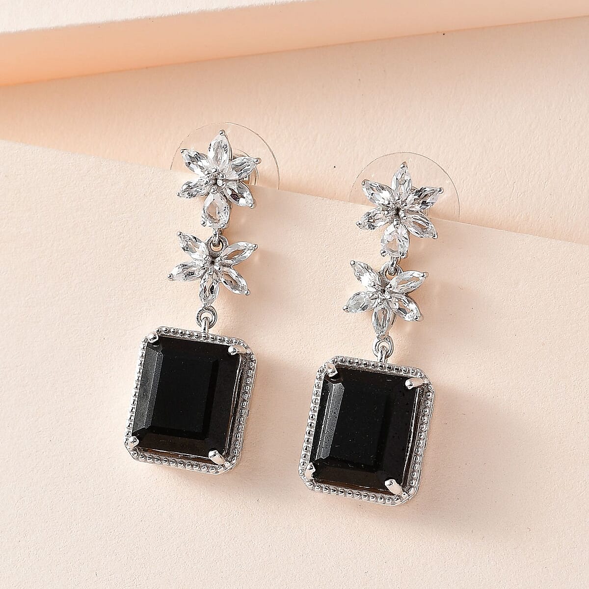 Black Tourmaline and White Topaz Dangle Earrings in Platinum Over Sterling Silver 16.85 ctw image number 1