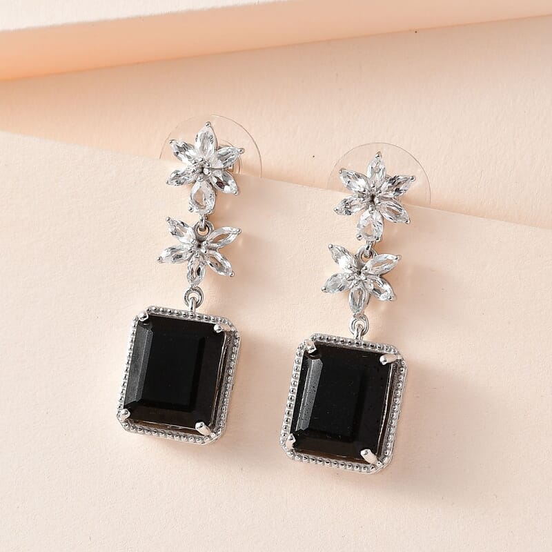 Black Tourmaline and White Topaz Dangle Earrings in Platinum Over Sterling Silver 16.85 ctw