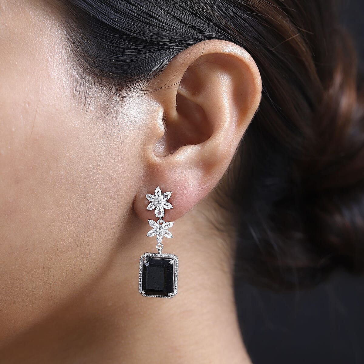 Black Tourmaline and White Topaz Dangle Earrings in Platinum Over Sterling Silver 16.85 ctw image number 2