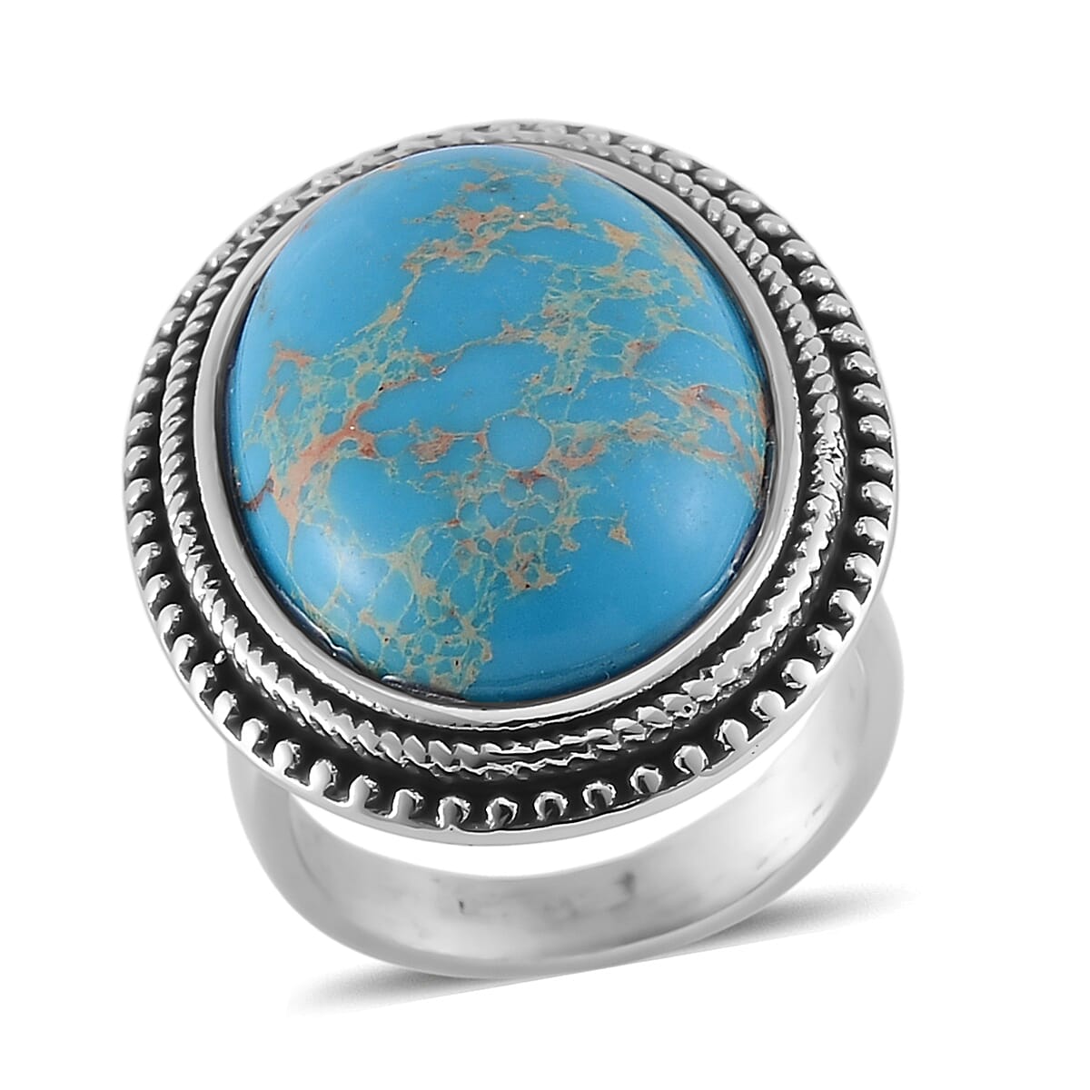 Blue Imperial Jasper Oval Ring in Stainless Steel (Size 10.0) 50.00 ctw