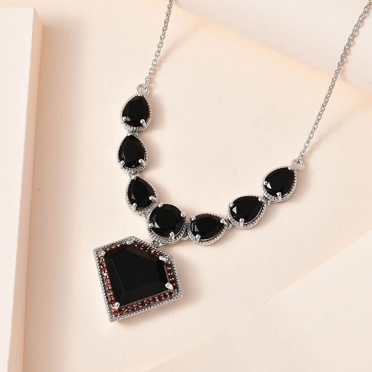 Black Tourmaline and Mozambique Garnet Necklace 18.5 Inches in Platinum Over Sterling Silver 20.65 ctw image number 1