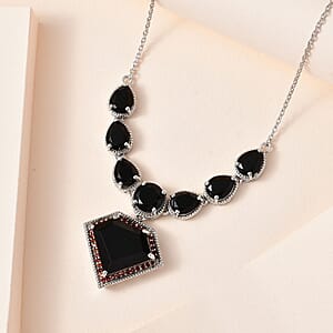 Black Tourmaline and Mozambique Garnet Necklace 18.5 Inches in Platinum Over Sterling Silver 20.65 ctw