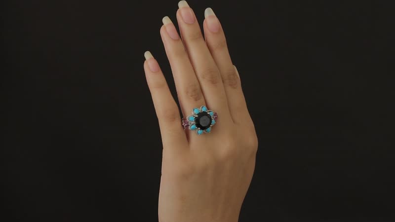 Black Tourmaline, Multi Gemstone Floral Ring in Platinum Over Sterling Silver (Size 10.0) 8.15 ctw