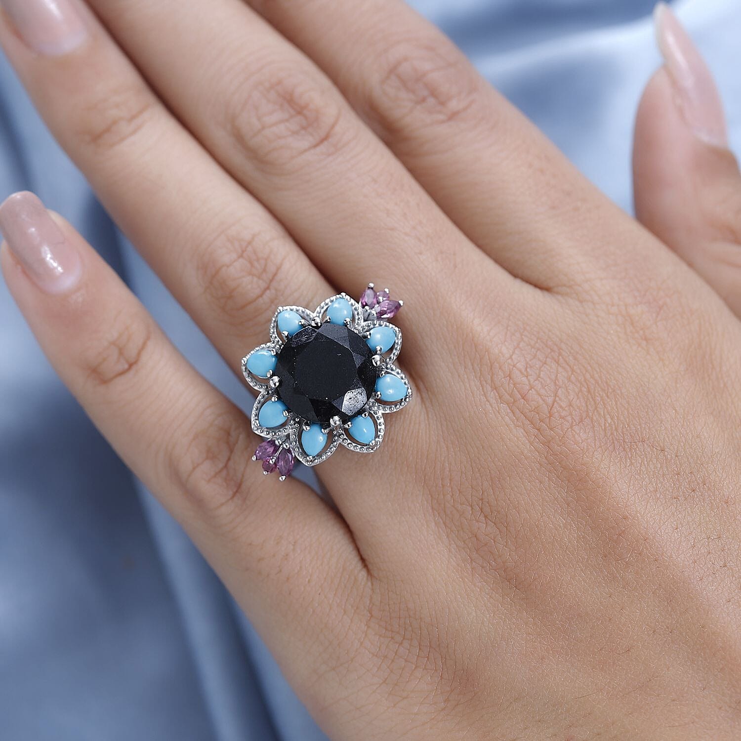 Black Tourmaline, Multi Gemstone Floral Ring in Platinum Over Sterling Silver (Size 10.0) 8.15 ctw