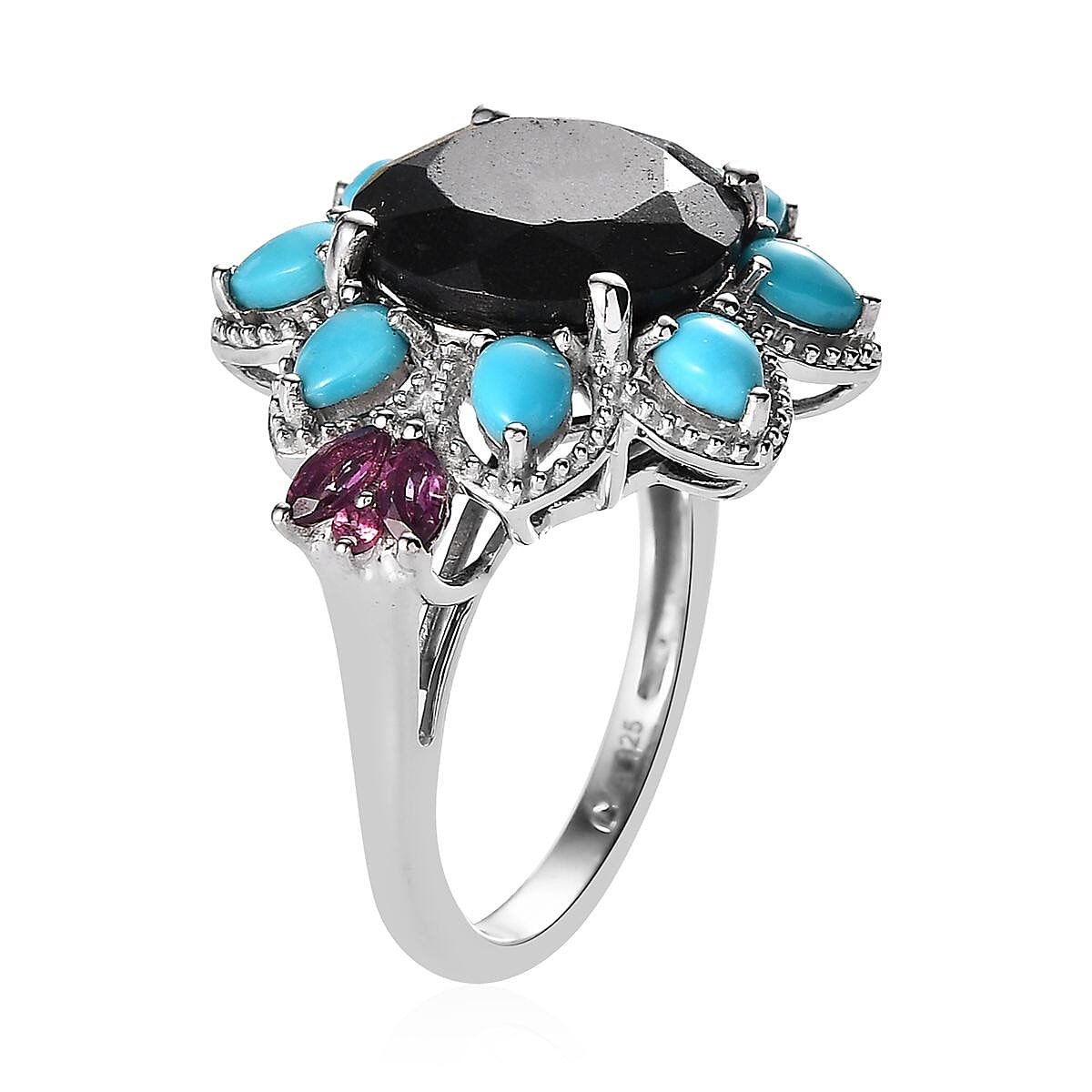 Black Tourmaline, Multi Gemstone Floral Ring in Platinum Over Sterling Silver (Size 10.0) 8.15 ctw