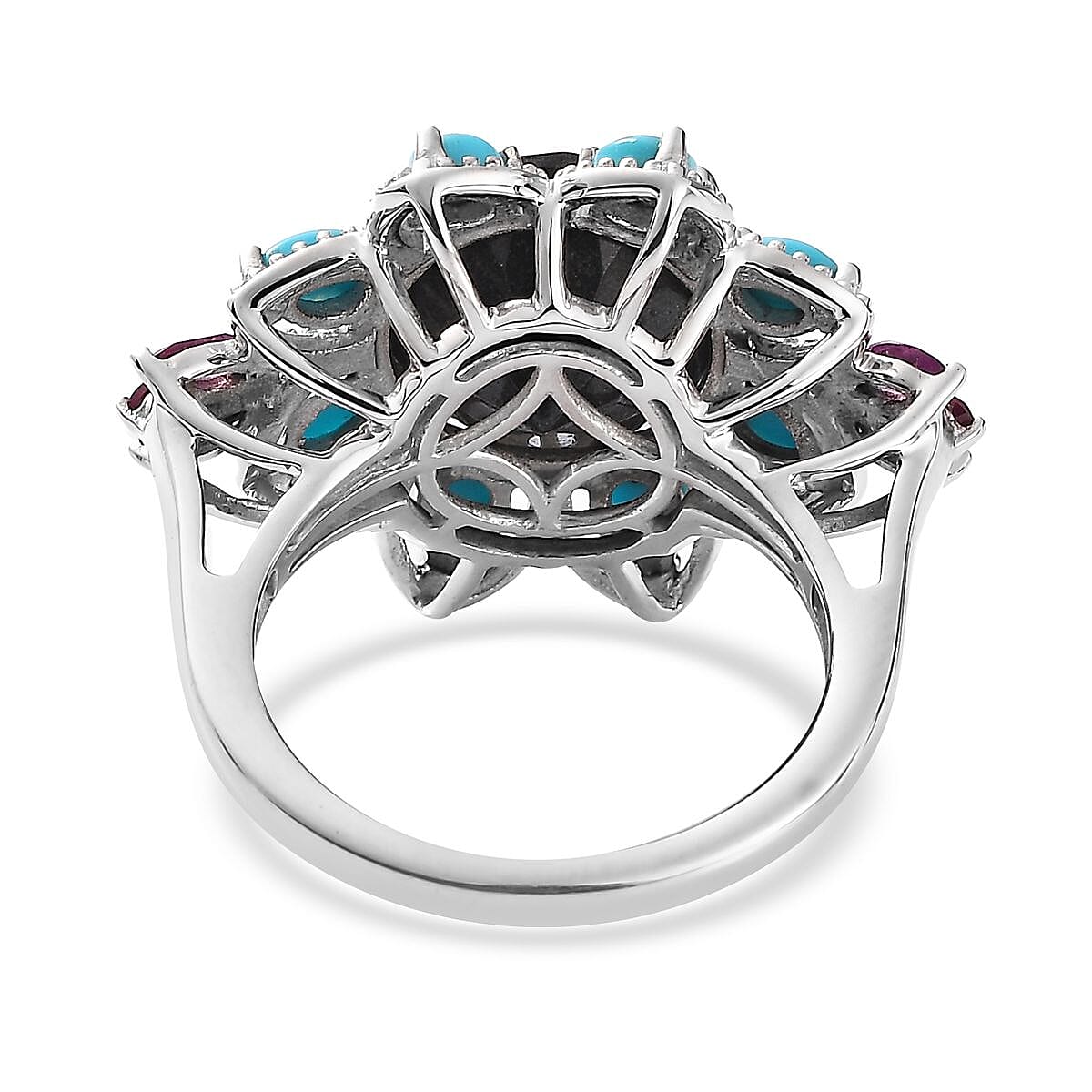 Black Tourmaline, Multi Gemstone Floral Ring in Platinum Over Sterling Silver (Size 10.0) 8.15 ctw