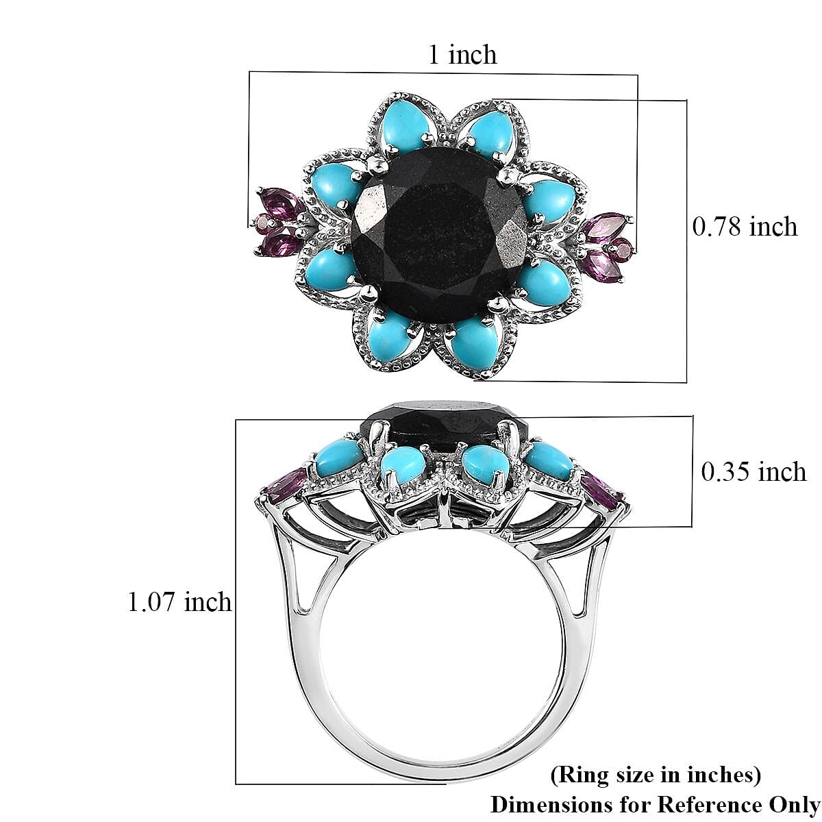 Black Tourmaline, Multi Gemstone Floral Ring in Platinum Over Sterling Silver (Size 10.0) 8.15 ctw