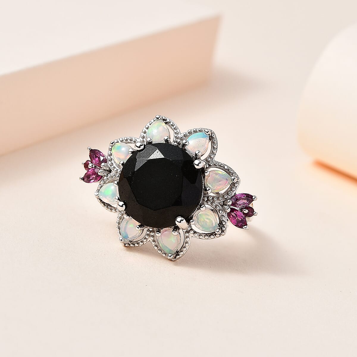 Black Tourmaline and Multi Gemstone Floral Ring in Platinum Over Sterling Silver (Size 10.0) 7.75 ctw image number 1