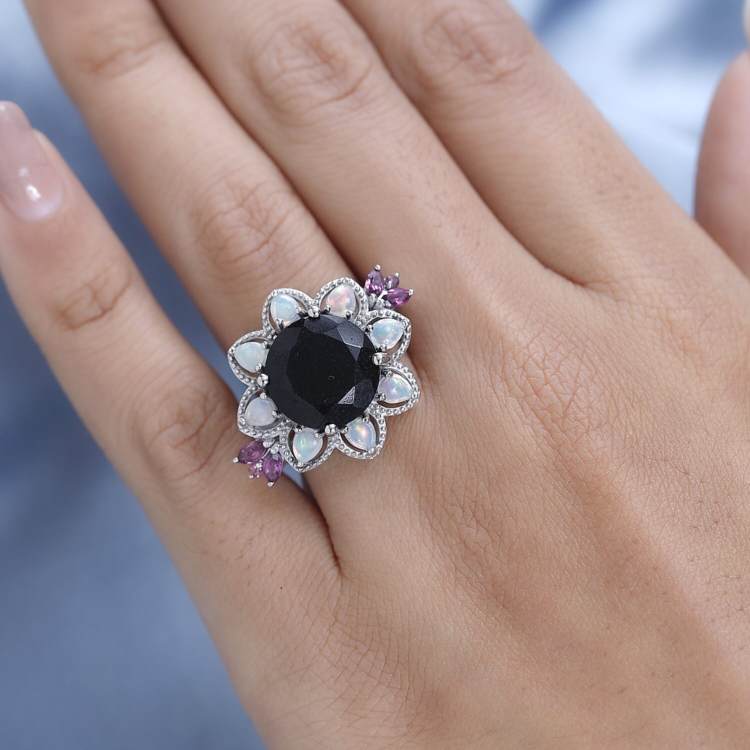 Black Tourmaline and Multi Gemstone Floral Ring in Platinum Over Sterling Silver (Size 10.0) 7.75 ctw
