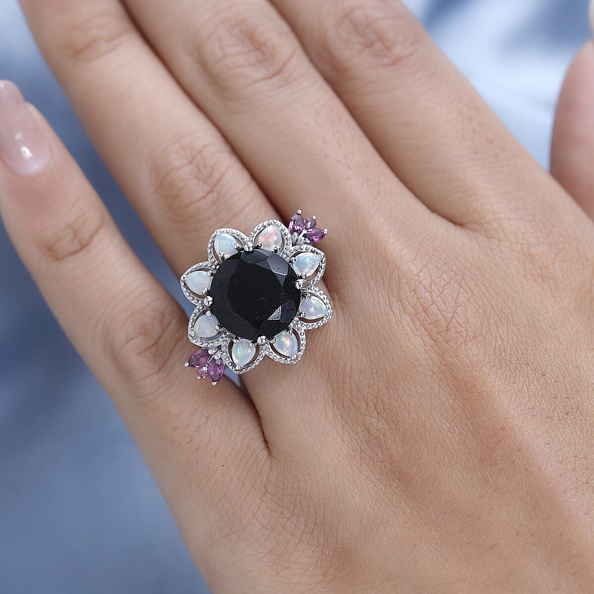 Black Tourmaline and Multi Gemstone Floral Ring in Platinum Over Sterling Silver (Size 10.0) 7.75 ctw image number 2