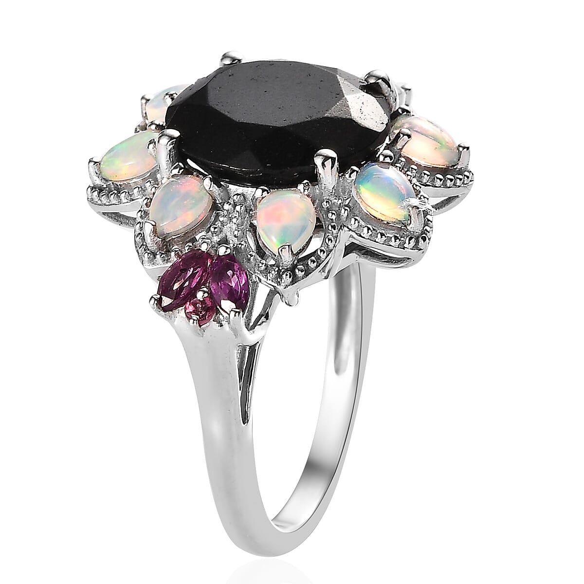 Black Tourmaline and Multi Gemstone Floral Ring in Platinum Over Sterling Silver (Size 10.0) 7.75 ctw image number 3