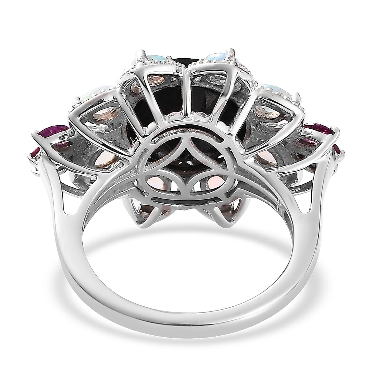 Black Tourmaline and Multi Gemstone Floral Ring in Platinum Over Sterling Silver (Size 10.0) 7.75 ctw