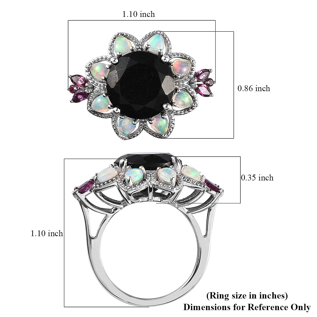Black Tourmaline and Multi Gemstone Floral Ring in Platinum Over Sterling Silver (Size 10.0) 7.75 ctw